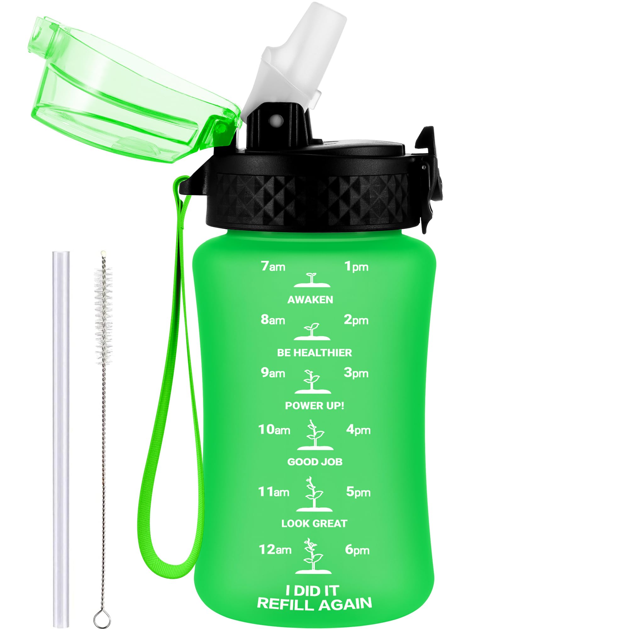 GOPPUS 350ml/12oz Kids Water Bottle With Straw Tritan Drinks Bottle with Strap Small Toddler Juice Bottles with Flip Top Lid Leakproof Children's Cup with Time Marking BPA free Girl Boy (Grass Green) — image 1