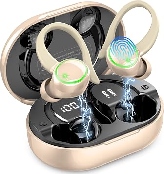 Matast Wireless Earbuds, Bluetooth Headphones Sports, Bass Fitness Earphones Gym Running, IP7 Waterproof Headset with Earhook Workout, Playback Over-Ear Buds with ENC Noise Cancelling Mic