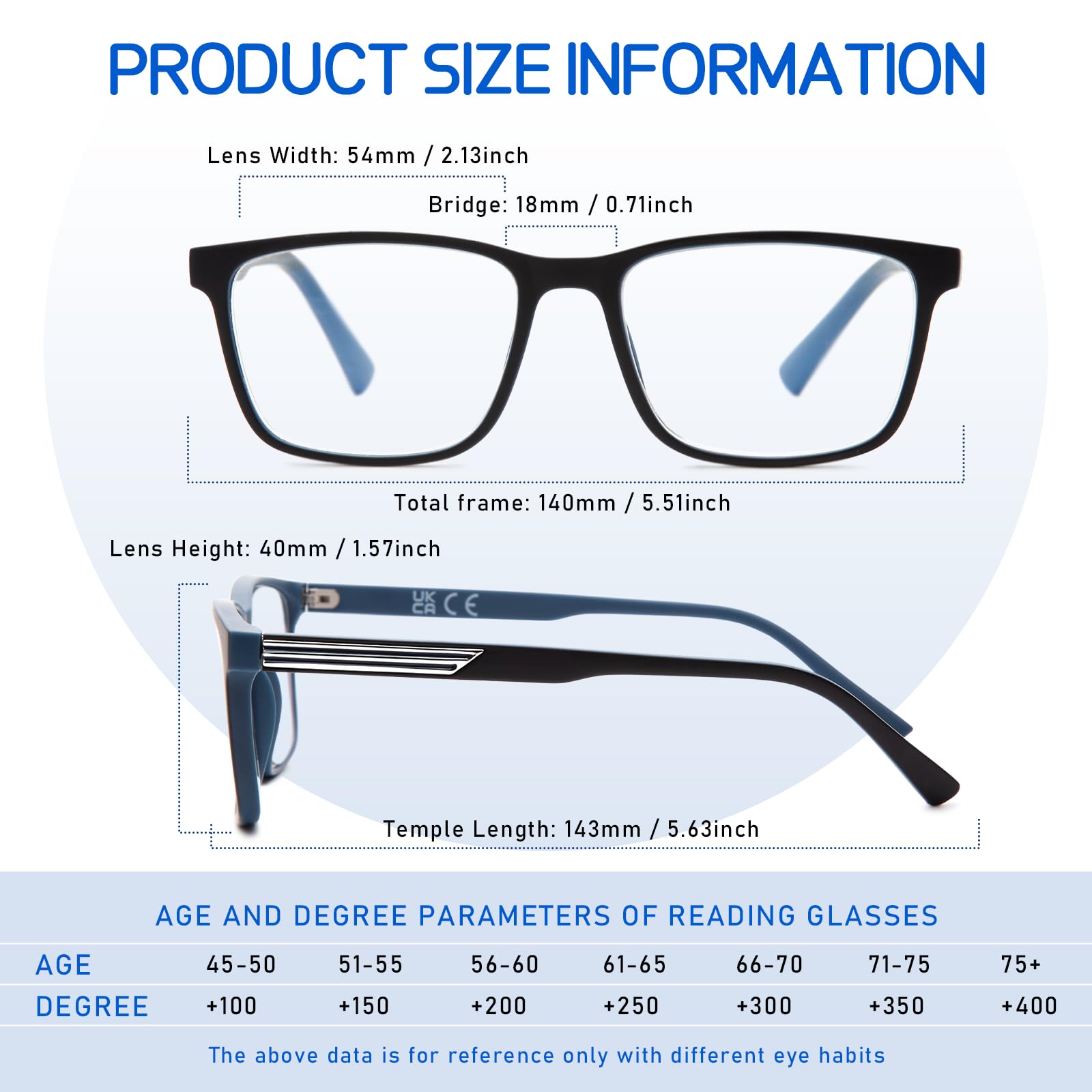 DEHOTRE - Set di 2 lenti da lettura progressive multifocus da uomo, infrangibili TR90, con templi di grandi dimensioni, intarsiati in metallo, Lente progressiva/nero+blu/2 paia, 140 millimeters