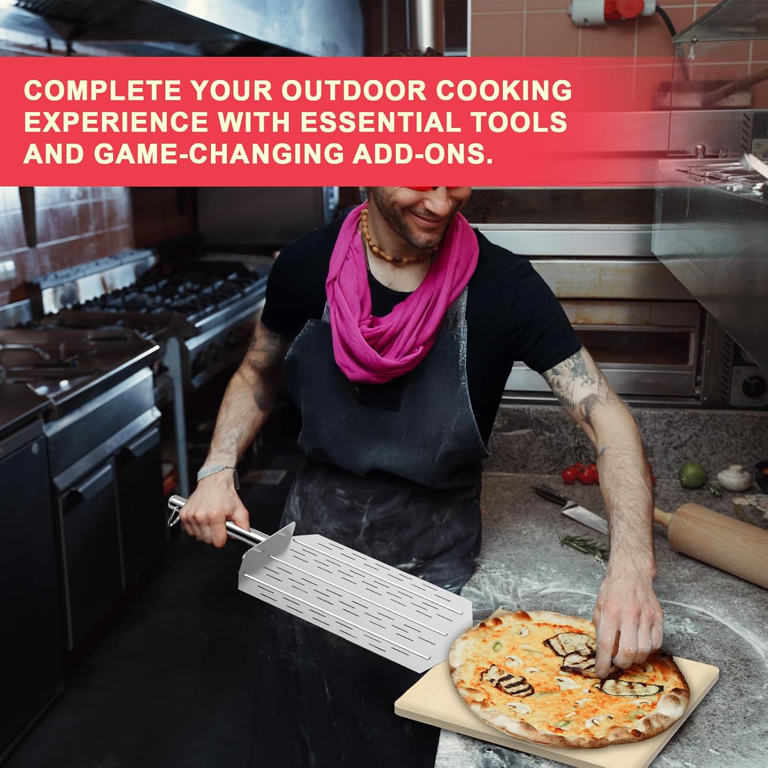 16 Inch Square Pizza Stone for Ninja FlexFlame Grill and Oven, Universal Large Ceramic Stone with Pizza Peel & Plastic Scraper for Ninja Flex Flame Accessories, Kit for Cooking Bread, Calzones & More