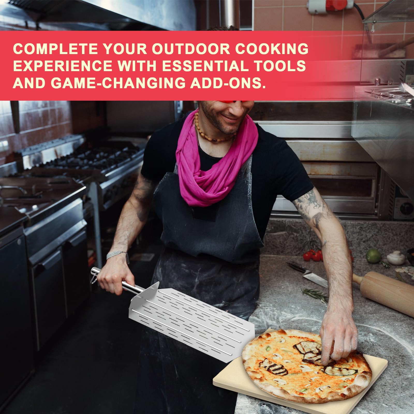 40,6 cm quadratischer Pizzastein für Ninja FlexFlame Grill und Ofen, Universal Großer Keramikstein mit Pizzaschieber & Kunststoffschaber für Ninja Flex Flame Zubehör, Kit zum Kochen von Brot, Calzones