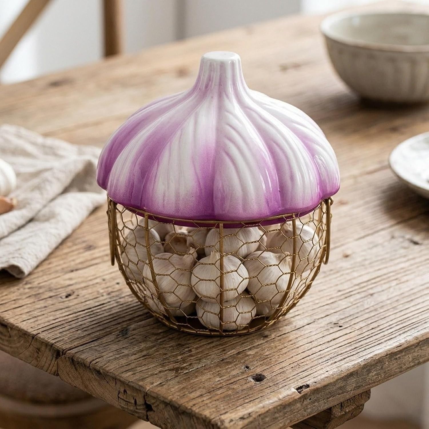 Contenitore Portaoggetti per Zenzero e Aglio, Porta Uova in Ferro Intrecciato Traspirante, Elegante Cestino da Cucina Decorativo per Dispensa o Piano Cucina, Purple