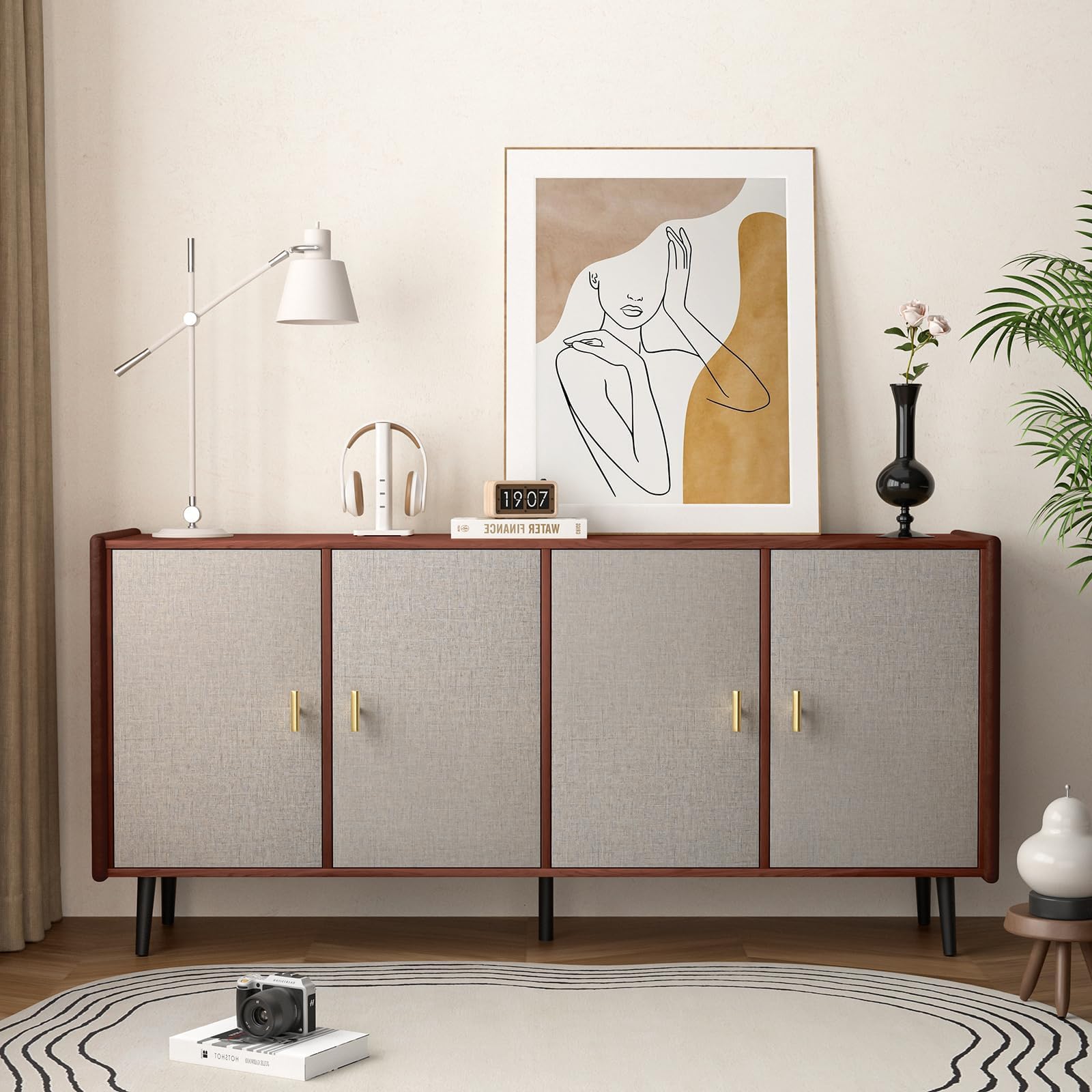 - 65” Buffet Sideboard Cabinet with Storage, Sideboards Credenza Coffee Bar Cabinets with Adjustable Shelves&4 Doors, Buffet Console Table for Kitchen/Living Room/HallwayWalnut