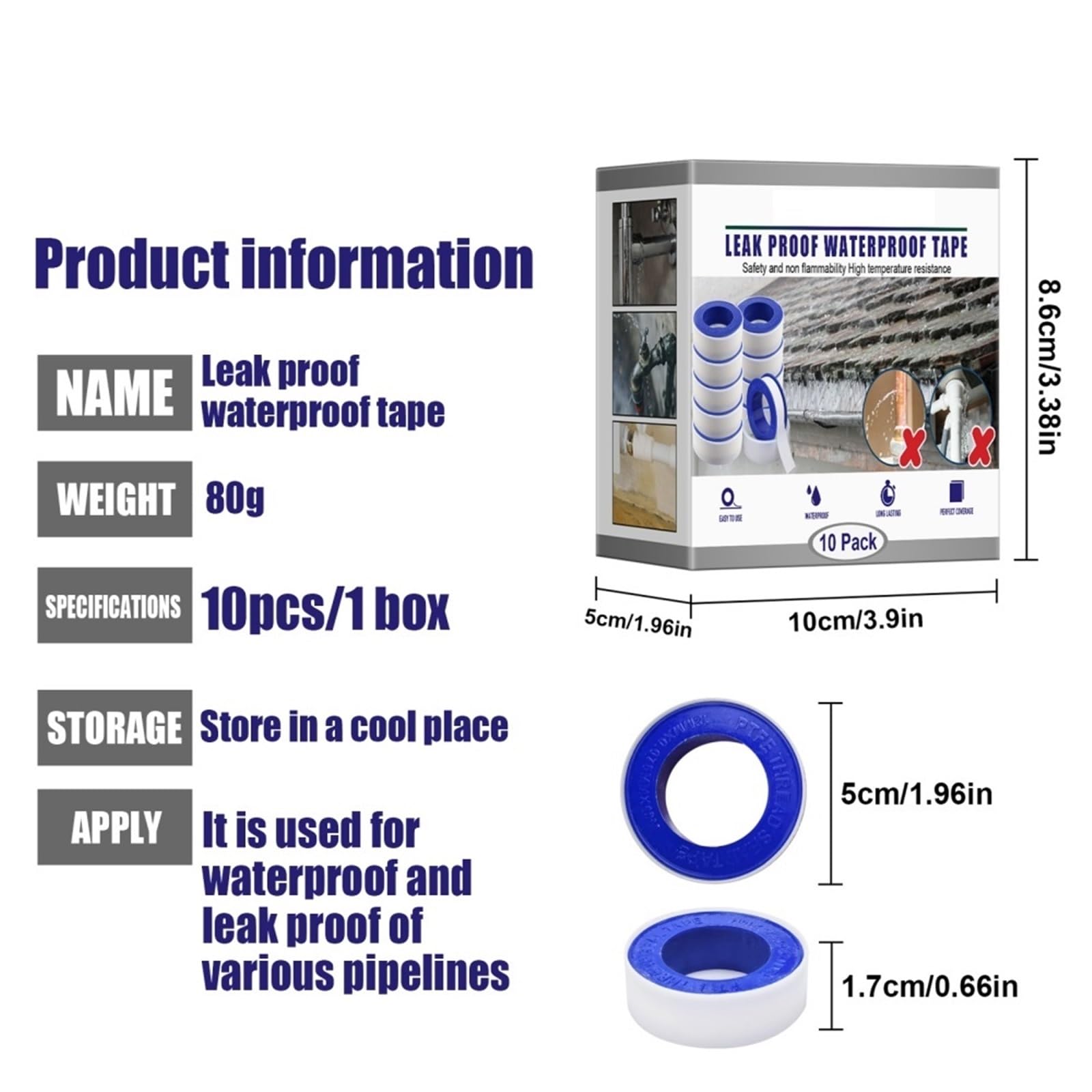 Cinta De Fontanero 10 Uds. Rollo de Cinta de Hilo de Sellado de Grifo, Accesorio de plomería for tubería de Agua y Gas, Cinta de Sellado de Enlace, selladores de tubería de Agua Tapes
