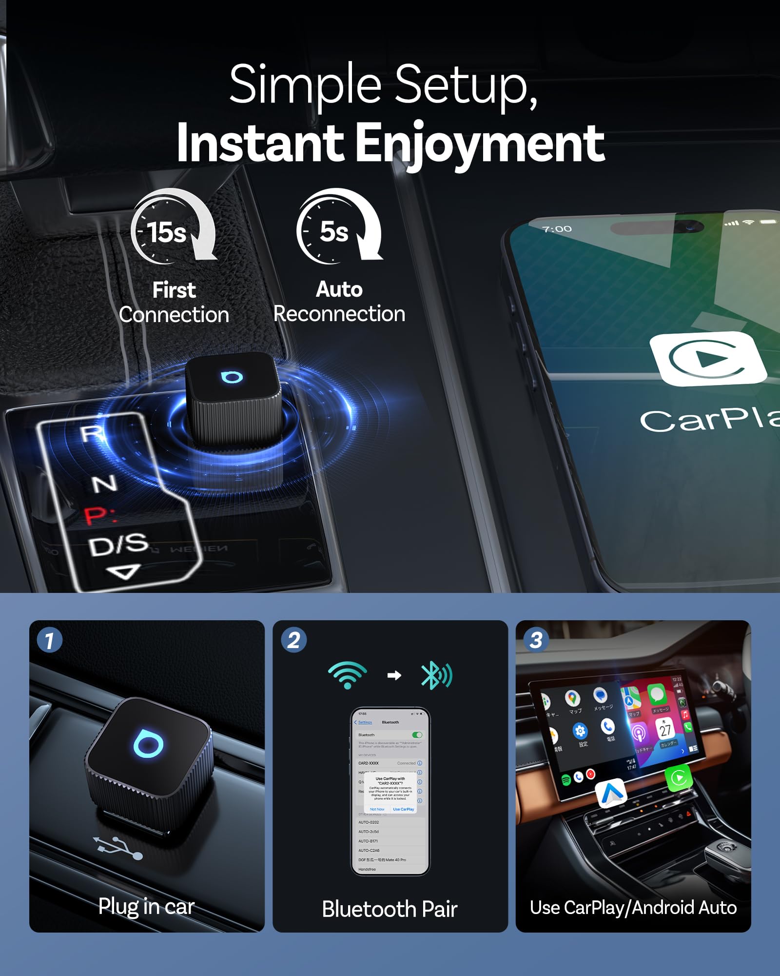 OTTOCAST Mini Slim 2026 Adaptador Inalámbrico CarPlay y Android Auto, Adaptador 2 en 1 para Coches con CarPlay y Android Auto por Cable, Plug & Play, Reconexión Automática