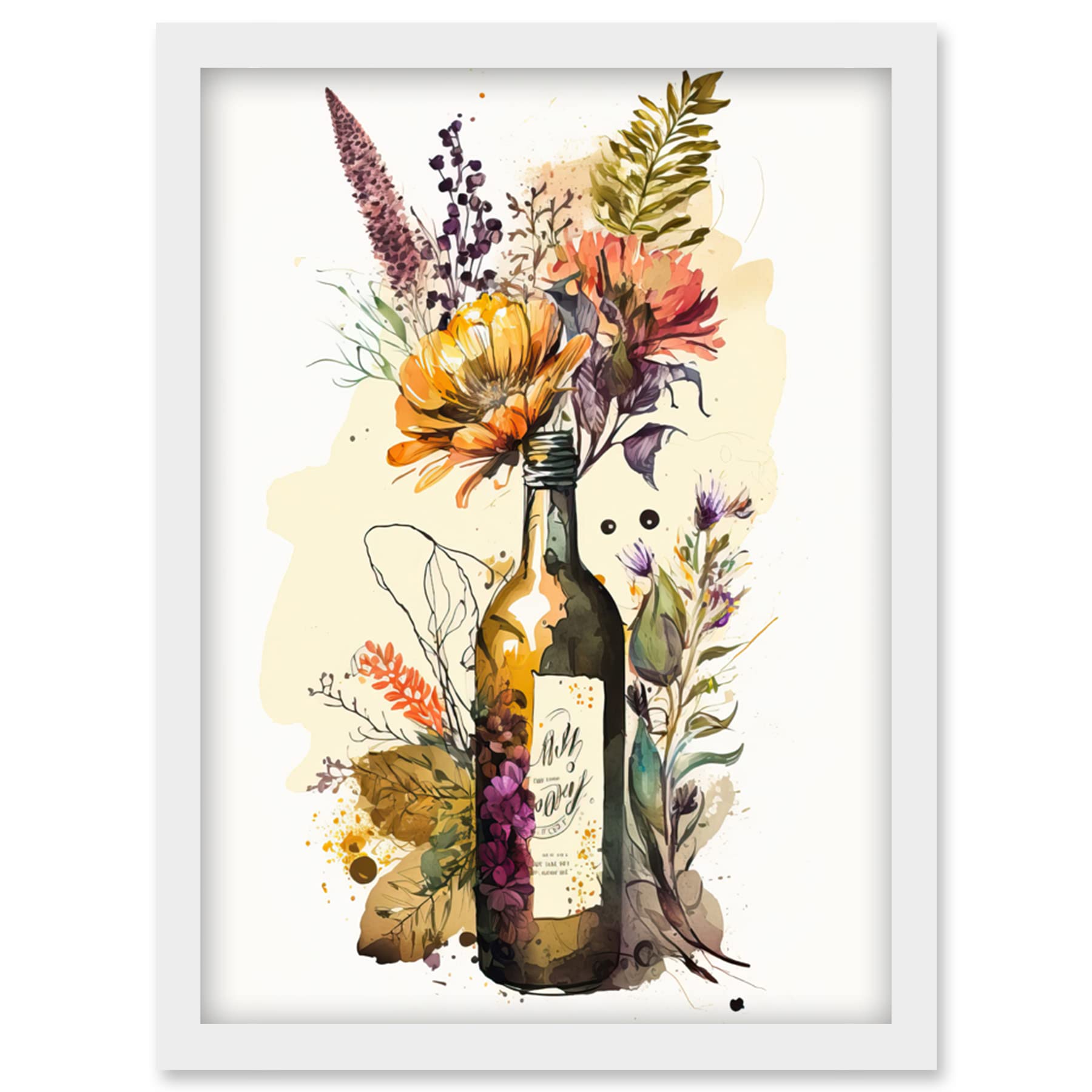 Artery8 Wildflower Bouquet in Upcycled Glass Wine Bottle Artwork Framed Wall Art Print A4