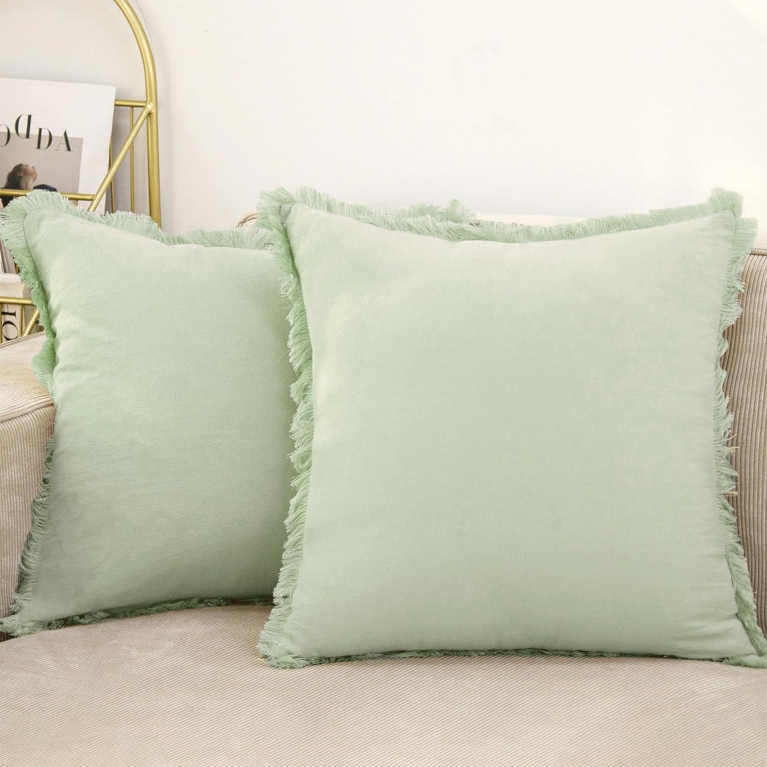 Cozoomy Set of 2 Sage Green Fringed Decorative Pillow