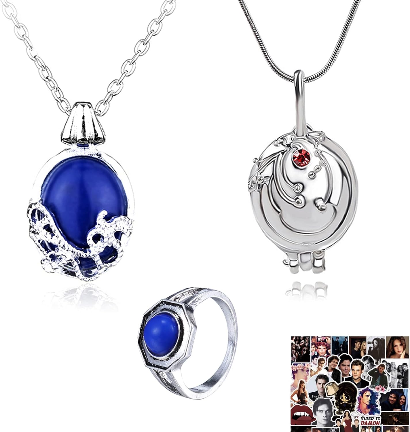 HJYZY 3 pcs Cosplay Daywalking Katherine Sapphire Necklace Elena Opening Vervain Locket Pendant Vampire Family Ring for fans