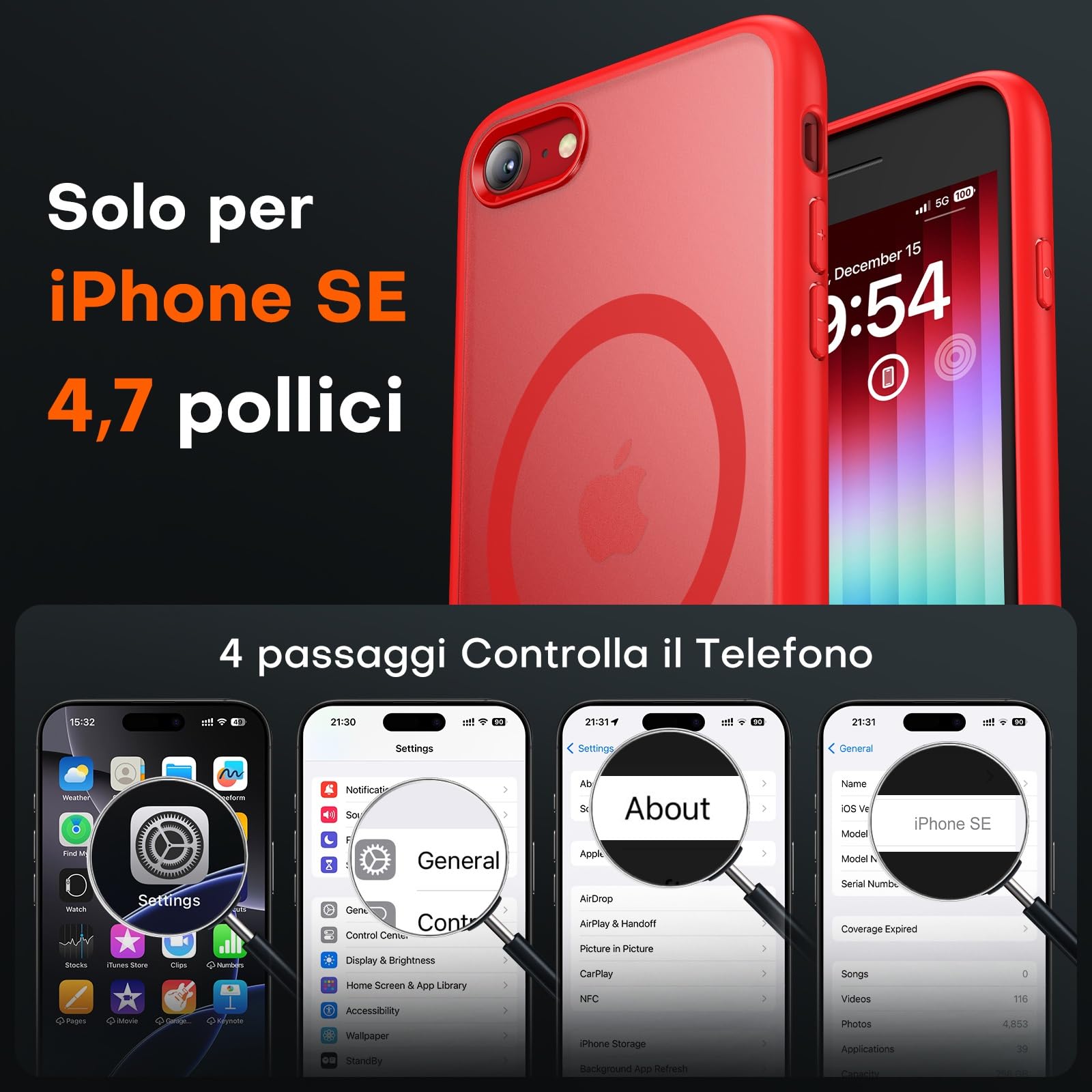 TOCOL Cover Magnetica per iPhone SE 3/2 (2022/2020), iPhone 8/7 4,7 Pollic, Compatibile con MagSafe, Custodia Antiurto Traslucida Opaca, Rosso