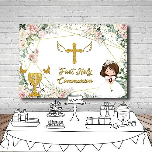 Miniatura 4 de MEHOFOND Telón de fondo de la primera comunión que Dios bendiga a las niñas, decoraciones de fiesta de bautismo, ceremonia de bautizo, baby shower,