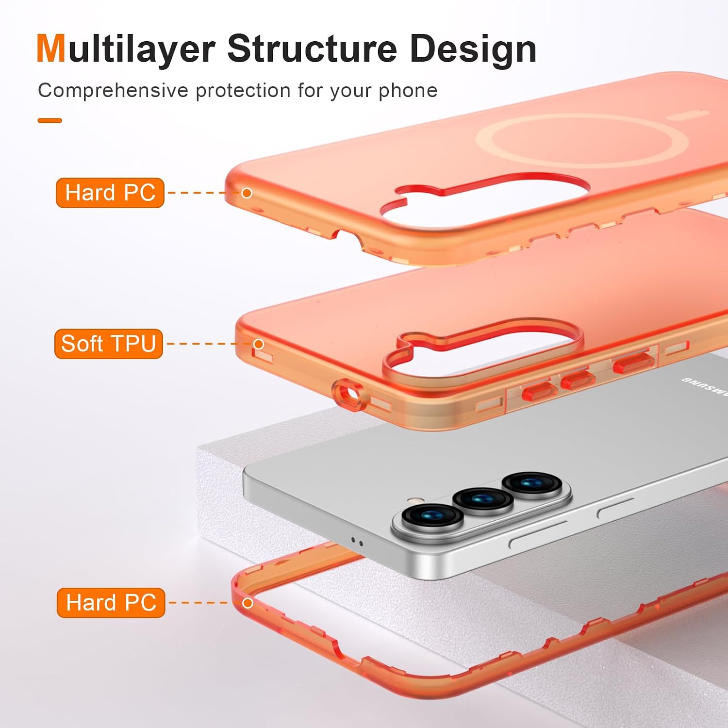 ANNSD for Samsung Galaxy S26 Plus Case,Magnetic Matte Shockproof Cover,Translucent Full Body Protective Multilayer 3 in 1 Anti Drop Anti Scratch for Women Men(Orange) image 3
