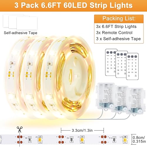 Miniatura 5 de Paquete de 3 Tiras de Luces LED de 6.6 Pies Alimentadas por Batería, Tira de Luz LED Blanca Cálida y Blanca Fría Alimentada por Batería, Luz de