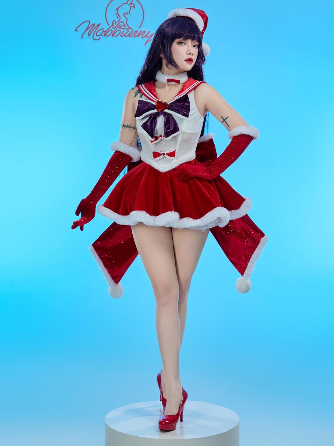 Mobbunny Women Christmas Anime Cosplay Costume Red Fluffy Dress Outfits with Cape and Santa Hat