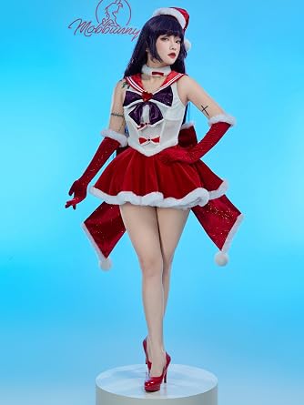 Mobbunny Women Christmas Anime Cosplay Costume Red Fluffy Dress Outfits with Cape and Santa Hat