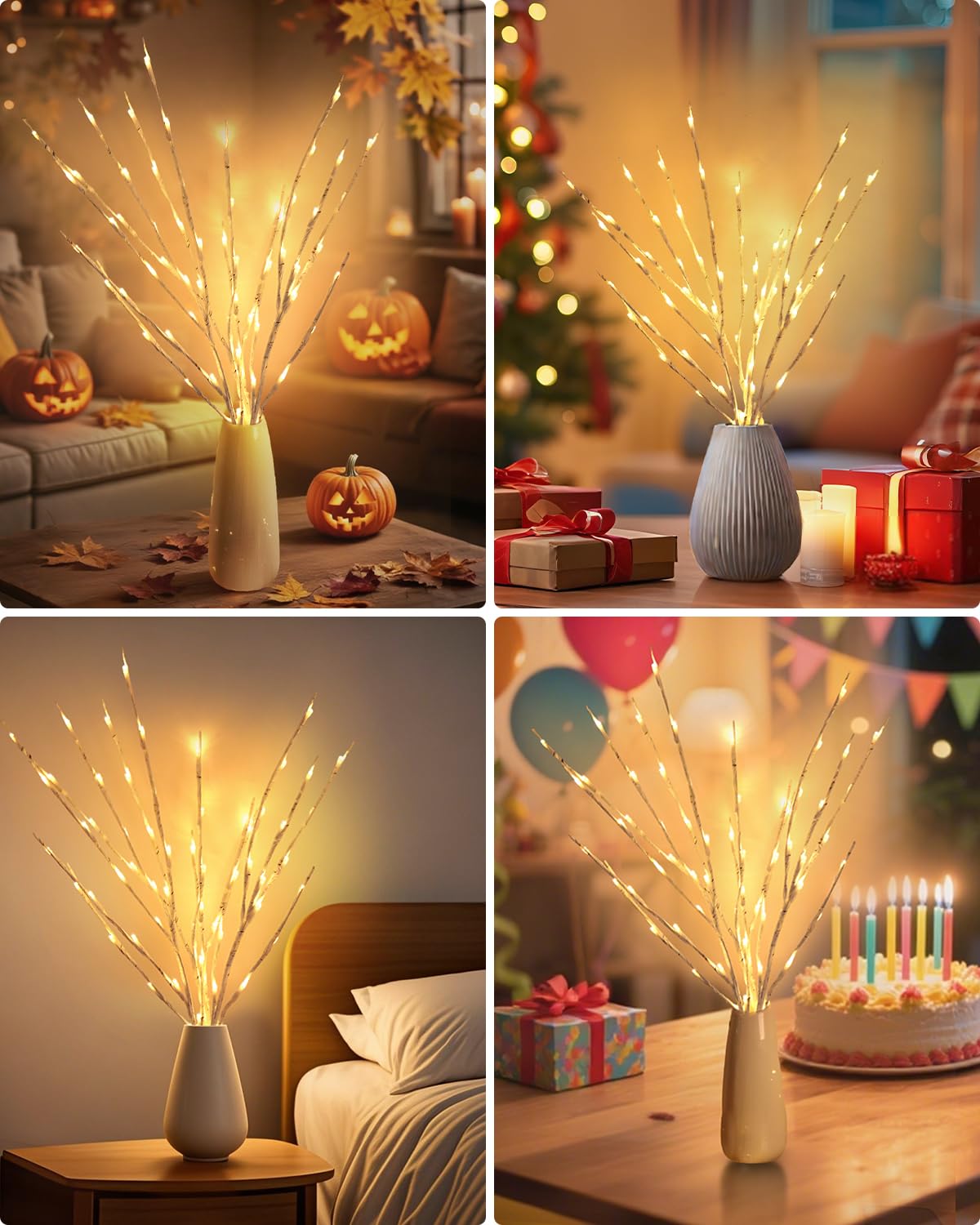 Kinamy Arbol Led, Juego de 3 Ramas de Luz 60 LED 8 Modos con Enchufe, Luces Arbol Navidad con Control Remoto y Temporizador, Decoración para Navidad, Thanksgiving, Pascua