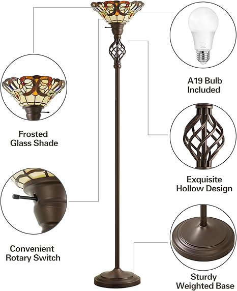 GyroVu GyroVu Tiffany Floor Lamp, Torchiere Floor Lamps with Stained Glass, 71 Inch Tall Floor Standing Reading Light for Living Room Corner Bedroom Home Office, Bulbs Included photo 3
