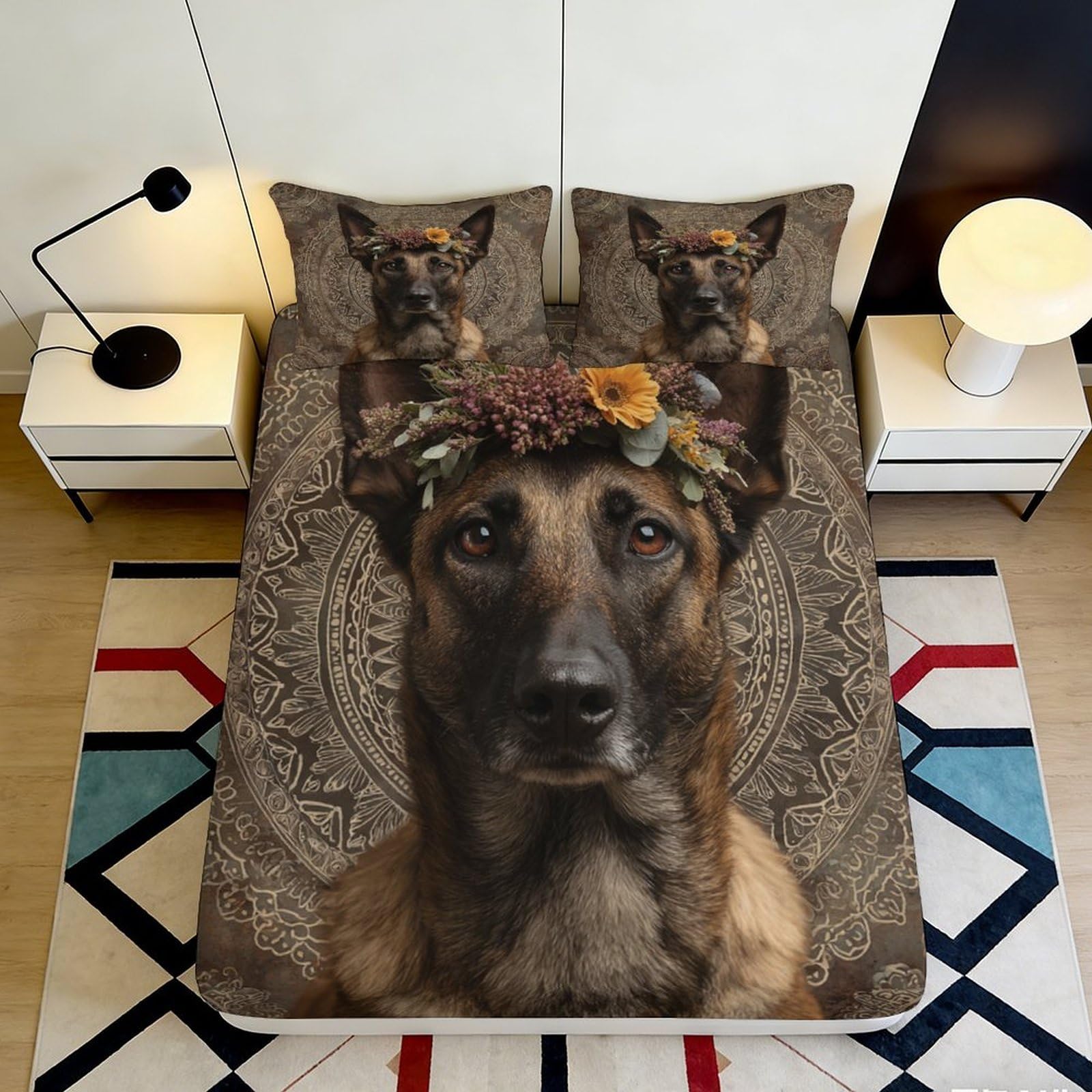 3D Printed German Shepherd Fitted Sheet Microfiber Deep Pocket Bedroom Bedding Mandala Dog Mattress Fitted Cover Washable 140x200x25cm
