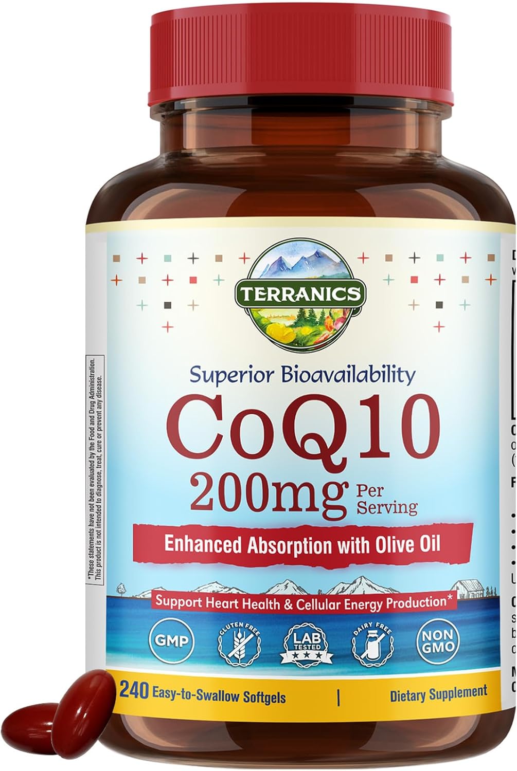 Terranics CoQ10 200mg, Coenzyme Q10 Supplement with Extra Virgin Olive Oil for Enhanced Absorption, Made in USA, Supports Heart Health, Antioxidant Protection, Energy Production, Non-GMO, 240 Softgels