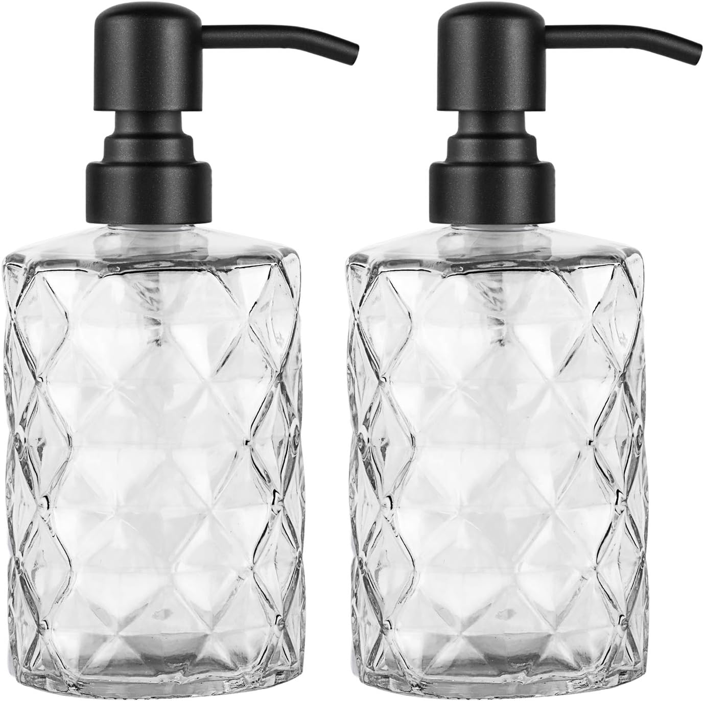 2 Pack Thick Clear Glass Jar Soap Dispenser with Matte Black Stainless Steel Pump, 14ounce Diamond Design Bottles Dispenser with Rustproof Pump for Essential Oil, Lotion Soap (Clear Glass)