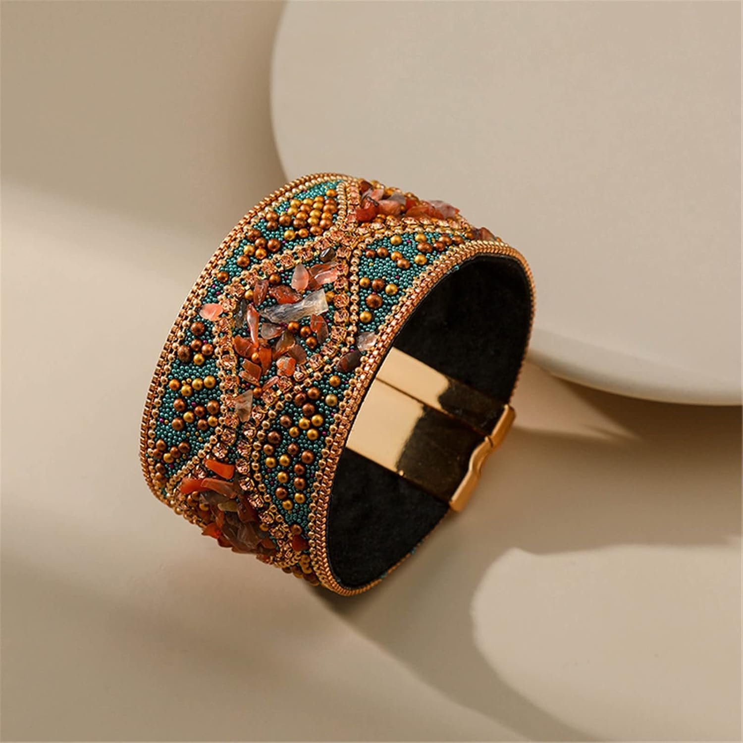 Caiyao Handmade Bohemian Natural Stone Rhinestone Bead Bracelet Bangle for Women Boho Wrap Faux Leather Gravel Seed Wristband Bracelet Ethnic Summer Beach Jewelery