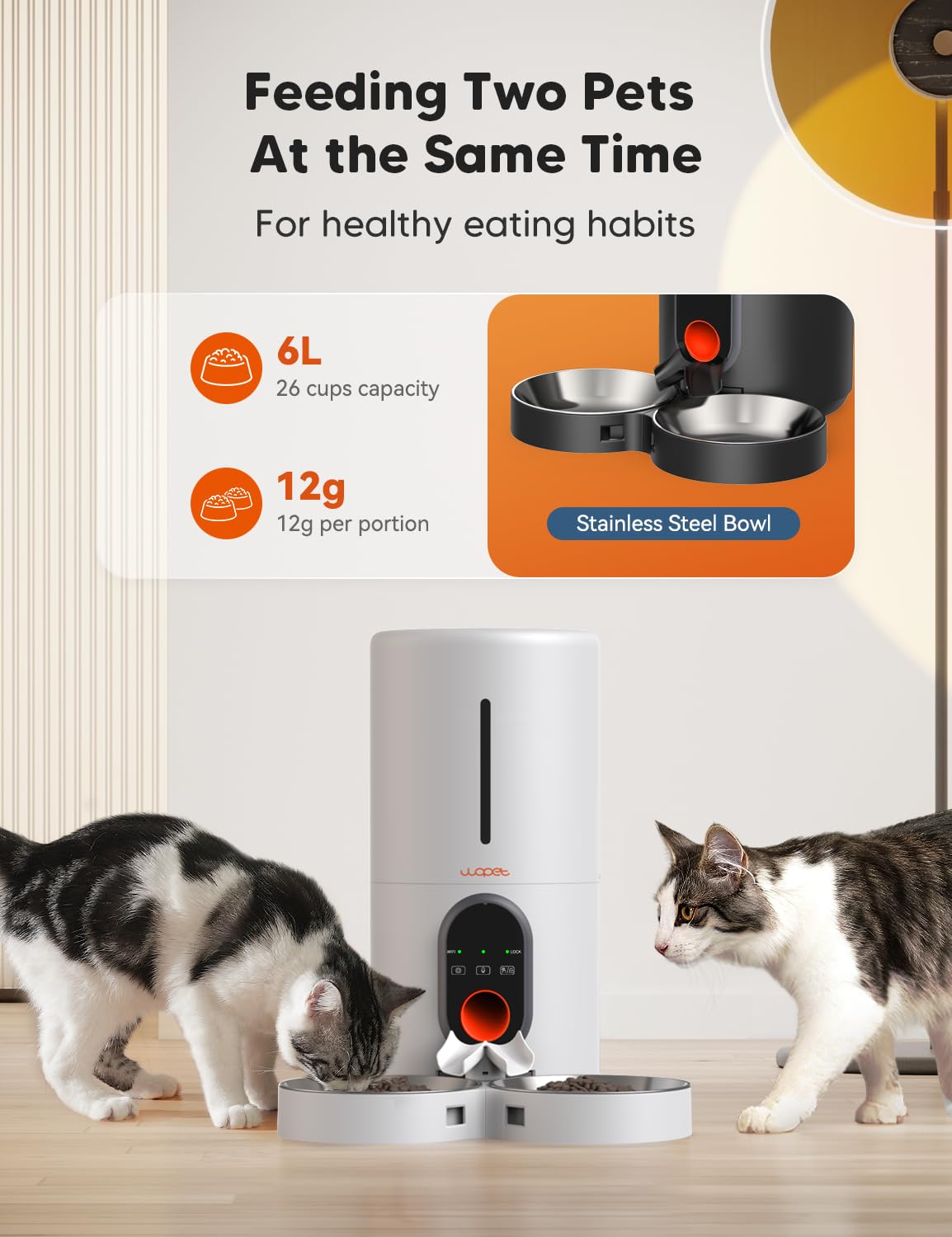 WOPET Comedero automático para gatos y perros, alimentador de mascotas WiFi 5G con control remoto, dispensador de comida para gatos de 6 litros con sensor de alimentos bajos, 1-10 comidas al día
