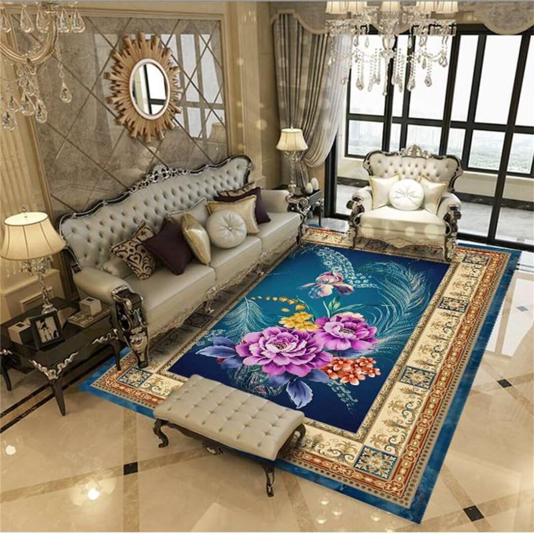 Tapis chambre garçon et fille bleu 200x280 cm lavable à motif vintage
