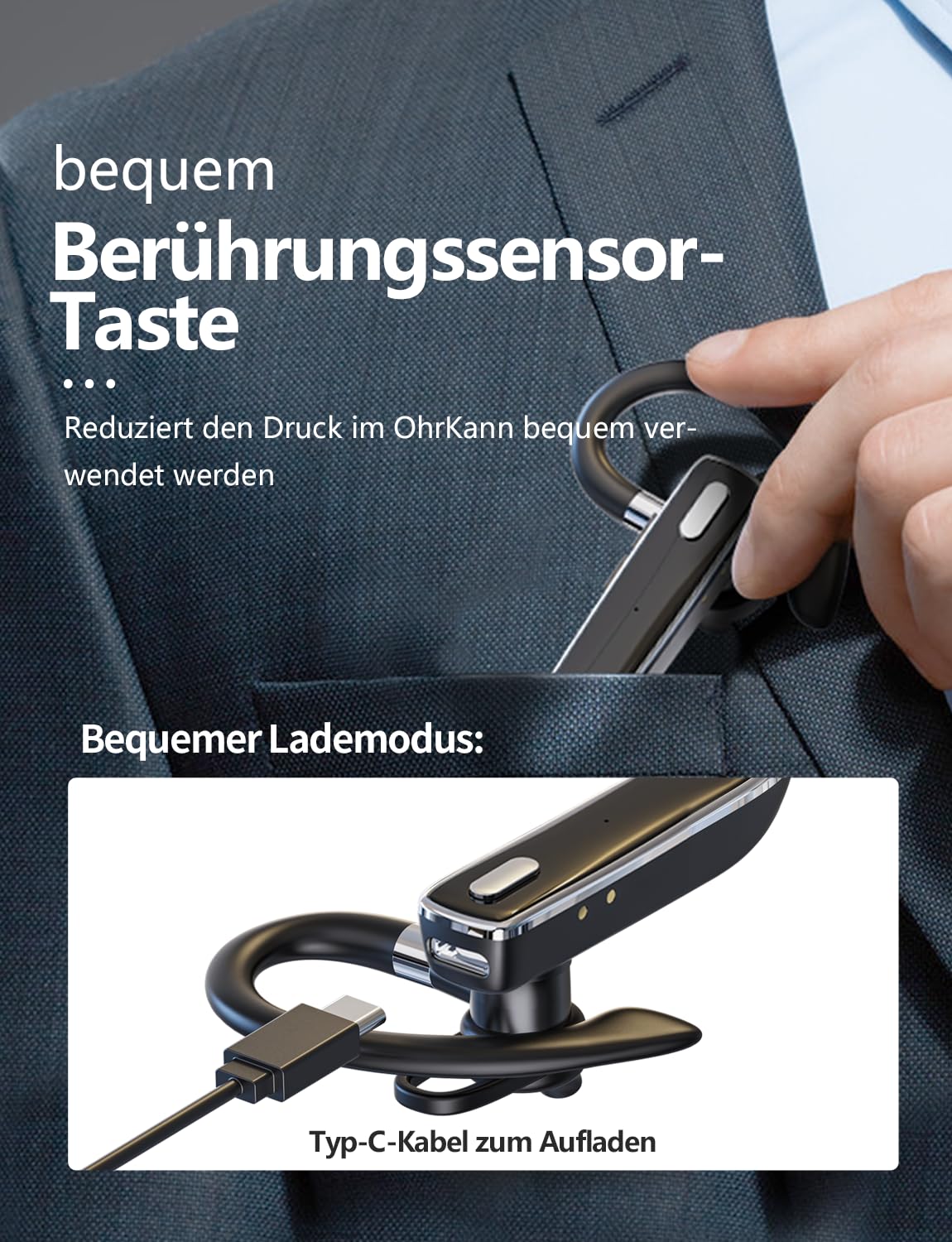 Headset Bluetooth 6.1 Kabellos Kopfhörer 24 Std Spielzeit mit CVC8.0 Dual Mikrofon und Mute Funktion Zwei-Geräte-Verbindung In Ear Kopfhörer Freisprech Handy Ohrhörer für Autofahren/Business/Büro