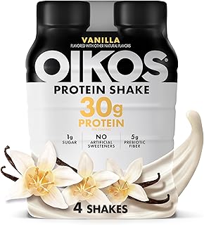 Oikos Protein Shake, Vanilla, 30g High Protein Drinks, Shelf Stable, Ready to Drink, 5g Prebiotic Fiber, 12 fl oz Bottle, 4 Count