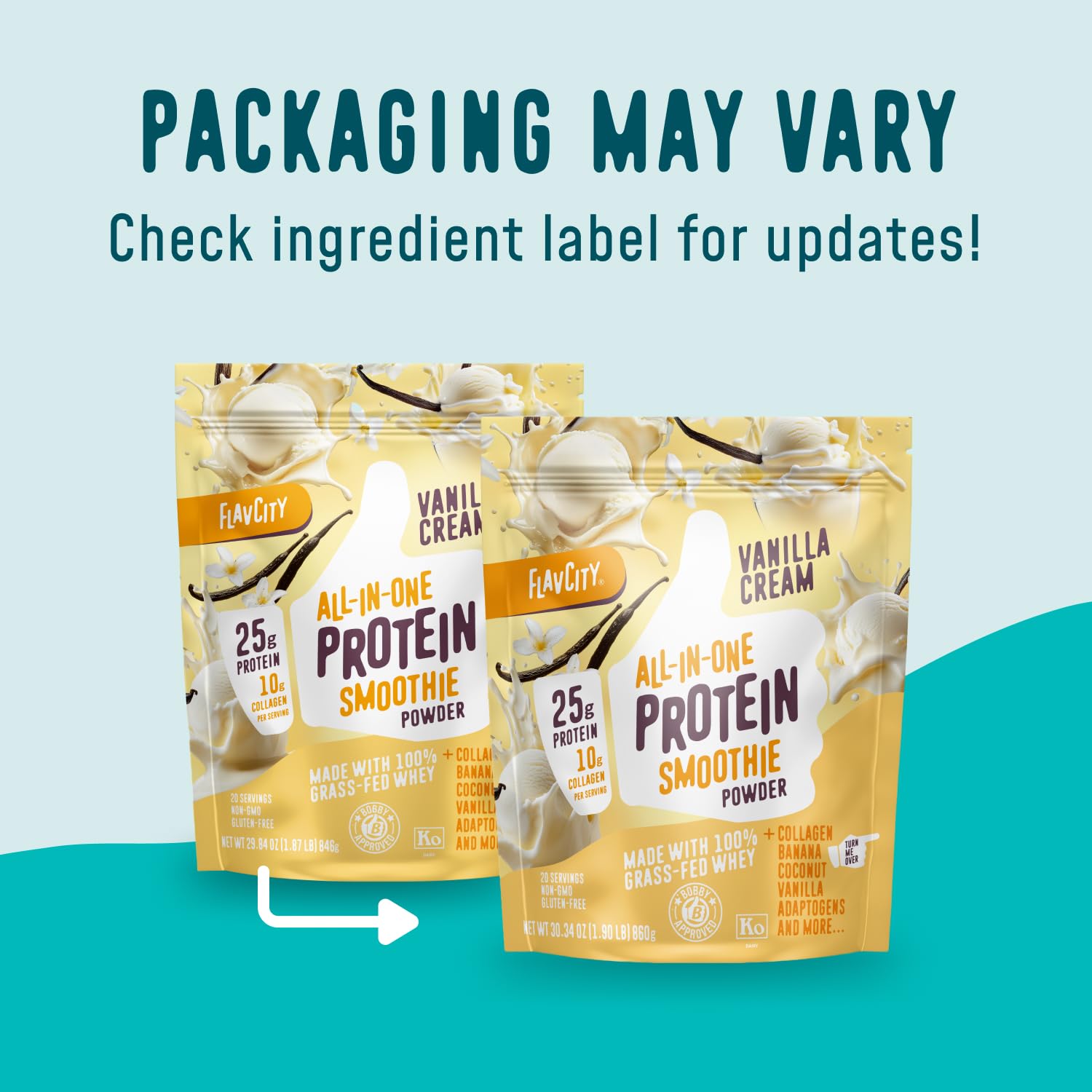 FlavCity Grass Fed Whey Protein Powder - Vanilla Smoothie - 25g Protein & 10g Collagen - Made with Real Vanilla Bean & Organic Coconut Milk - Gluten Free & No Added Sugars (20 Servings)