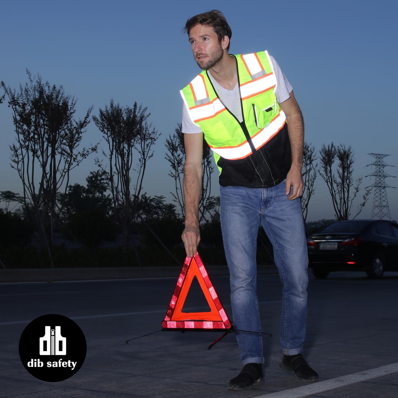 Dib Safety Chaleco de malla reflectante con bolsillos y cremallera, fabricado con cinta reflectante 3M, amarillo y negro