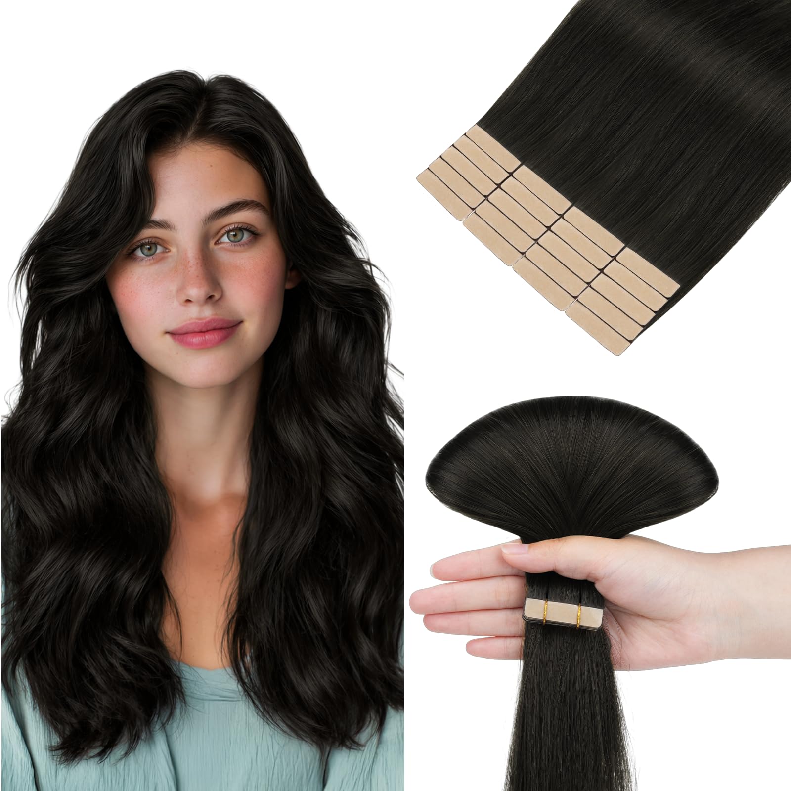 hotbanana Tape in Extensions Echthaar 40cm | Remy Hair Invisible Naturschwarz Haarverlängerungen Echthaar Tapes 20PCS 50g