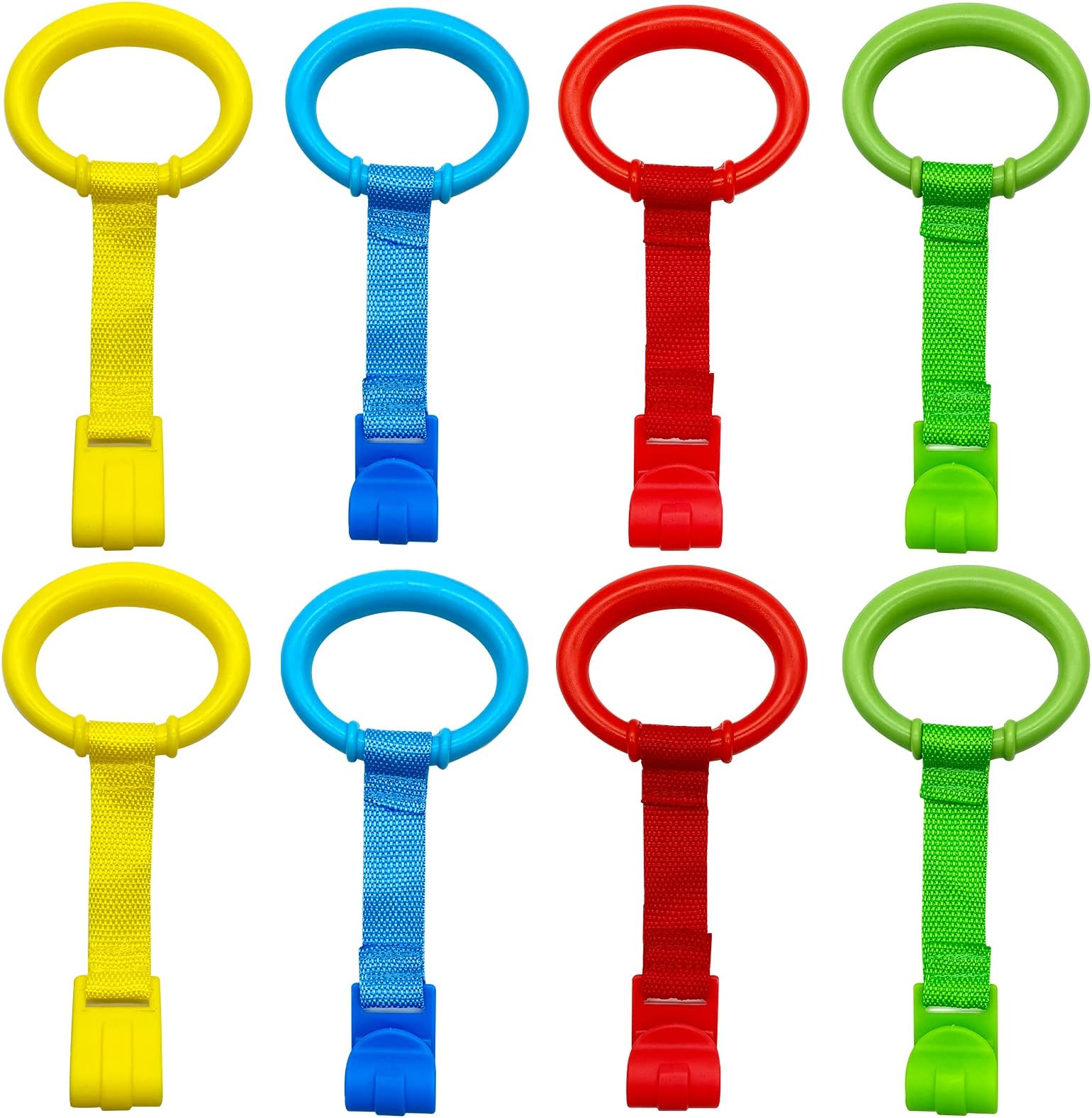 codree 8PCS 4 Colors Baby Playpen Pull up Rings- Baby Crib Pull up Rings- Baby Walking Exercises Assistant Rings- Baby Bed Stand Up Rings Baby Cot Hanging Rings for Infant Baby Toddler