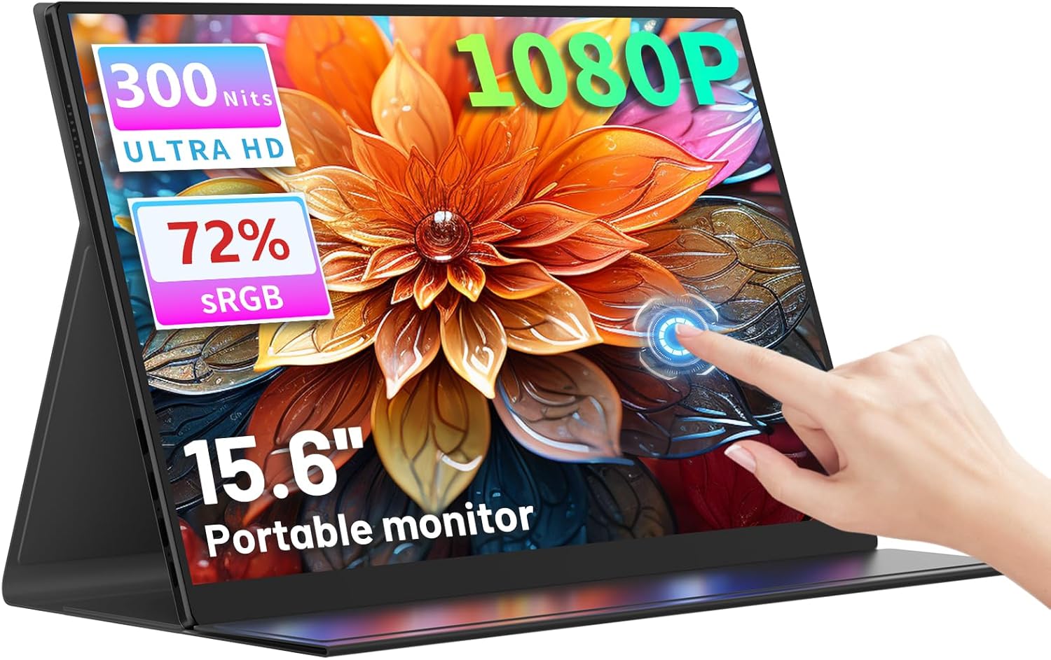 15.6 "Portable Touchscreen Monitor FHD 1080P, Altoparlante incorporato con custodia protettiva, USB-C e HDMI, Touch a 10 punti per Laptop, PC, Mac, Telefono, Switch, PS5 / 4, Xbox