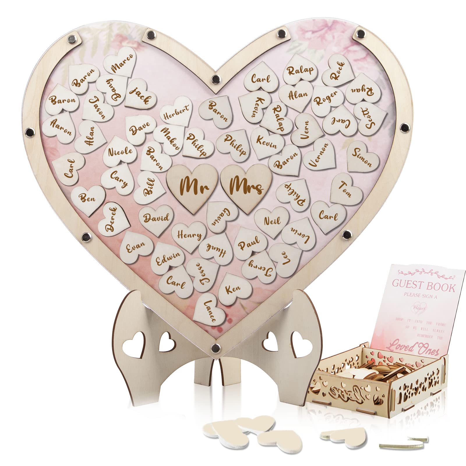 YIKBIKWedding Guest Book Alternative,Rustic Wedding Book for Guests to Sign,Wedding Decorations with Hearts for Reception,Unique Wedding Decorations,Wedding Guestbook with Wooden Color Printing Frame