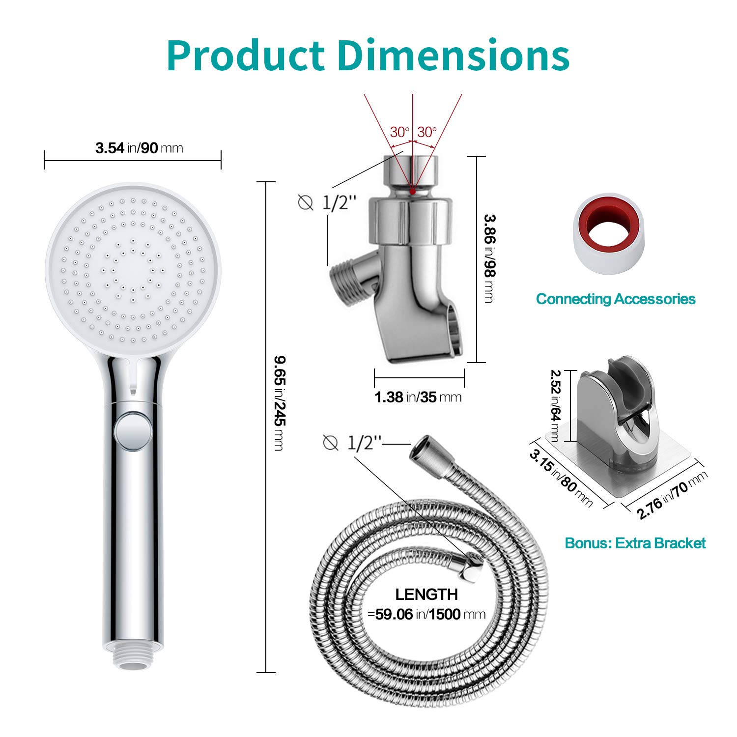MIAOHUI Pommeau de douche avec tuyau et interrupteur marche/arrêt, 3 réglages haute pression, pommeau de douche amovible avec tuyau, support d'angle réglable, support de baguette basse portée, chrome