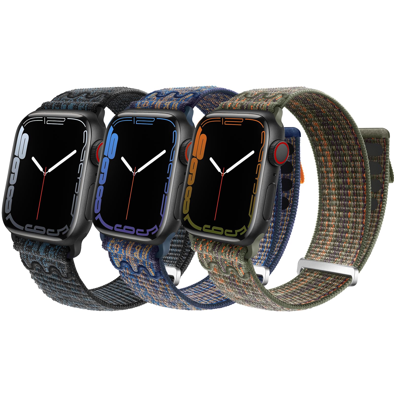 Geoumy 3 Pack Sport Nylon Bands Compatible with Apple Watch 44mm 40mm 41mm 42mm 38mm 45mm 49mm, Stretchy Loop Woven Braided Soft Women Men Strap Compatible for iWatch Series 8 7 6 5 4 3 2 1 SE Ultra