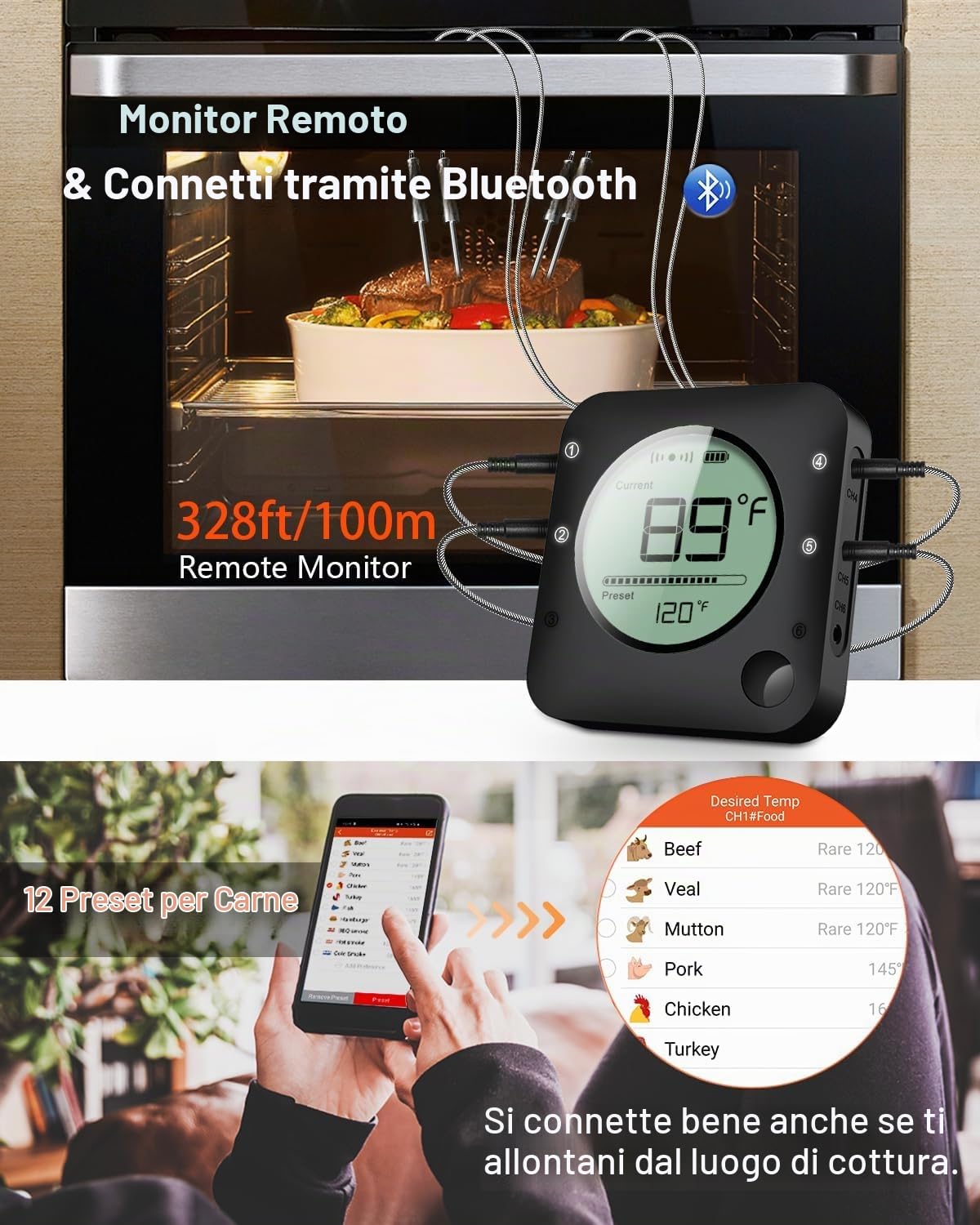 BFOUR Termometro da Cucina Digitale Termometro per Cucina Bluetooth Termometro per Carne Barbecue Wireless Termometro da Forno con Timer BBQ Griglia LED Display App 6 Sensori (Nero, 4 Sonde)