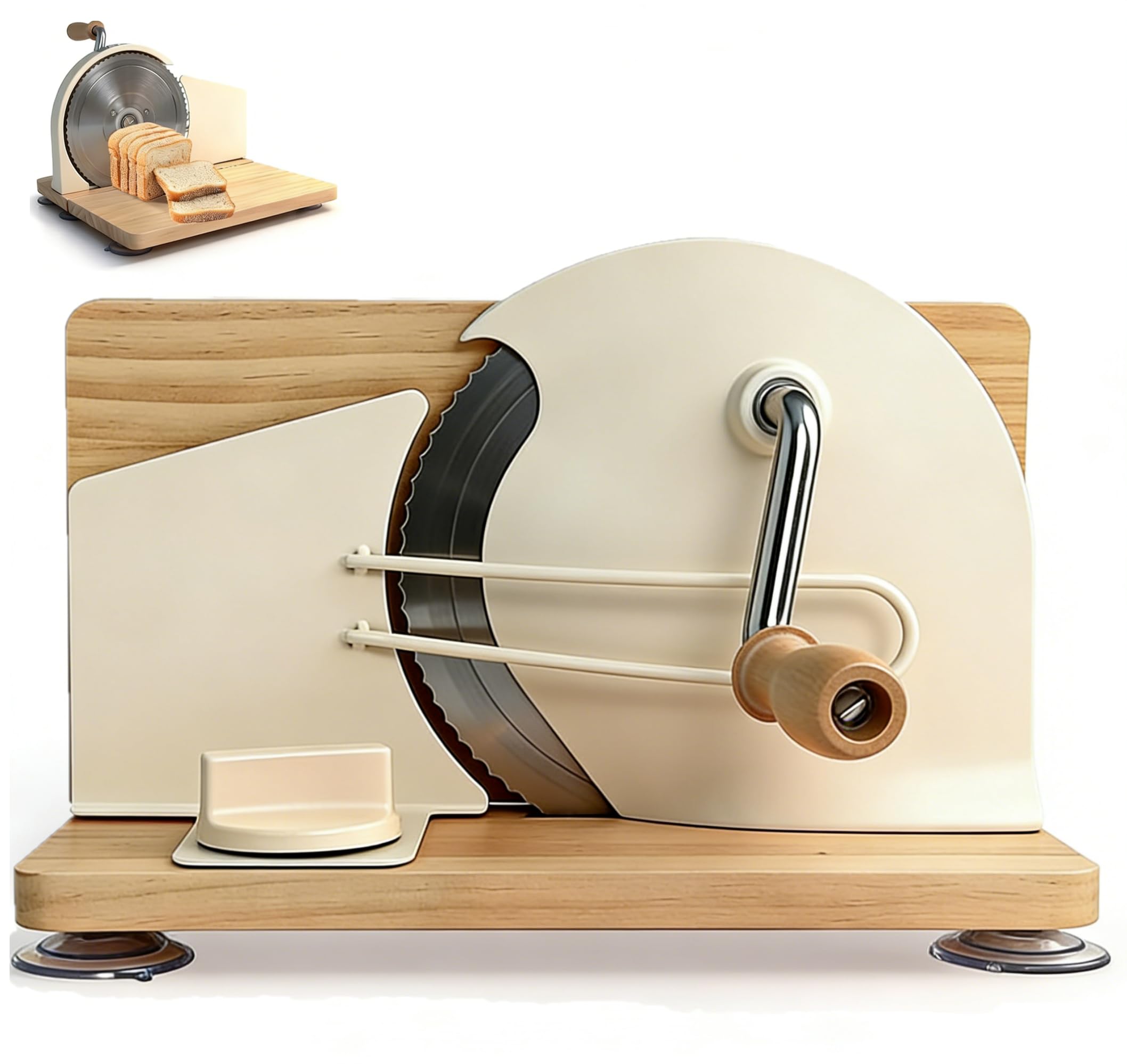 Manuelle Brotschneidemaschine, Allesschneider mit Saugnäpfen, Scheibendicke stufenlos wählbar 1-20mm, Handkurbel hochwertiger Klingenstahl, Einstellbare Schnittstärke und klappbarer Sockel (Beige)