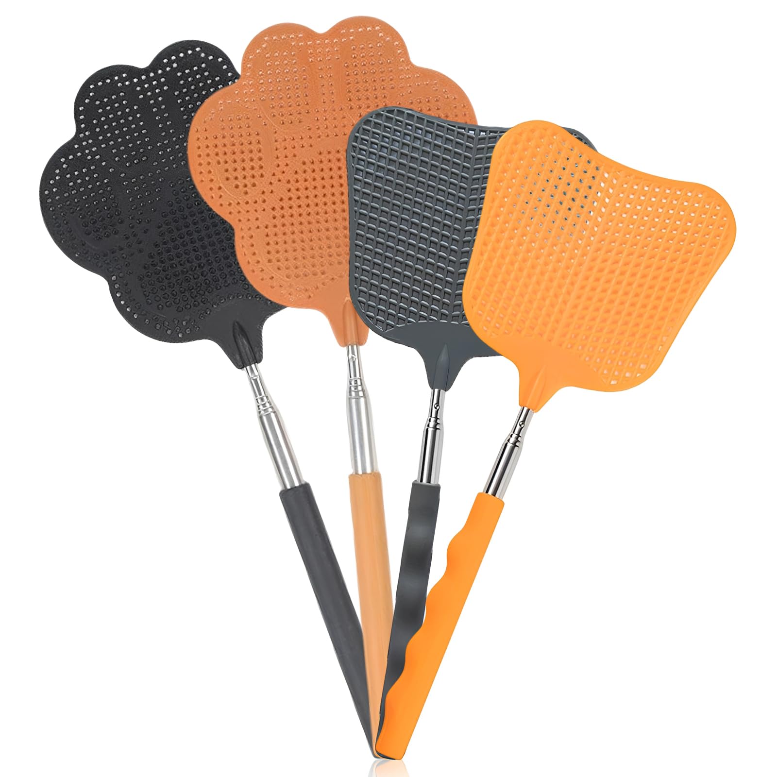 4 Pezzi Scacciamosche Telescopico Regolabile, Manico in Acciaio Inossidabile da 63-66cm, Paletta Mosche con Impugnatura Antiscivolo per Interni ed Esterni (Marrone, Nero, Grigio, Arancione)