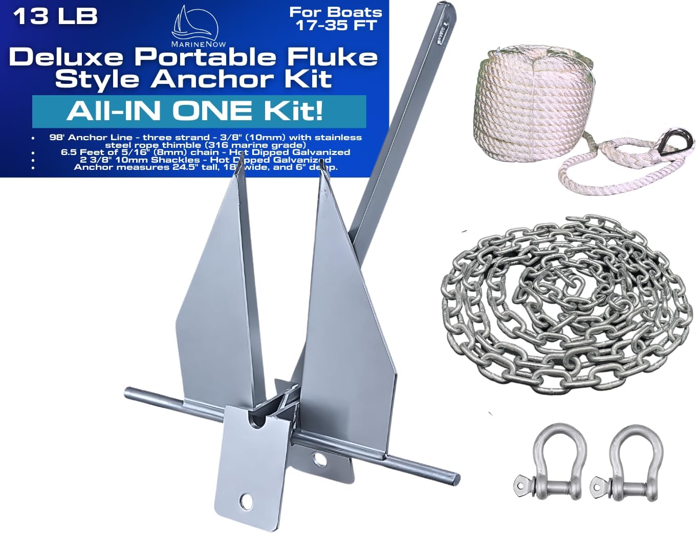 MarineNow Fluke Anchor Kit – Hot-Dip Galvanized Anchor with Chain, 98 ft Marine Rope & Shackles | Choose 5 lb (10–18 ft Boats), 8.5 lb (15–24 ft), or 13 lb (20–32 ft)
