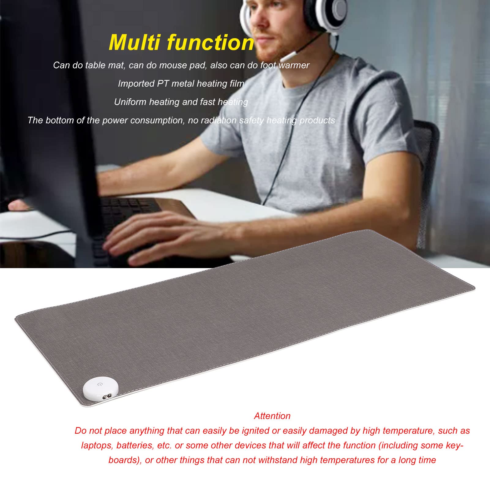 Tappetino per Mouse Riscaldato, Tappetino per Mouse da Scrivania Caldo Ultra Sottile Regolabile a 3 Marce 31,5x13,0 Pollici Tappetino per Mouse da Gioco Multifunzionale Grande per L'home Office(EU)