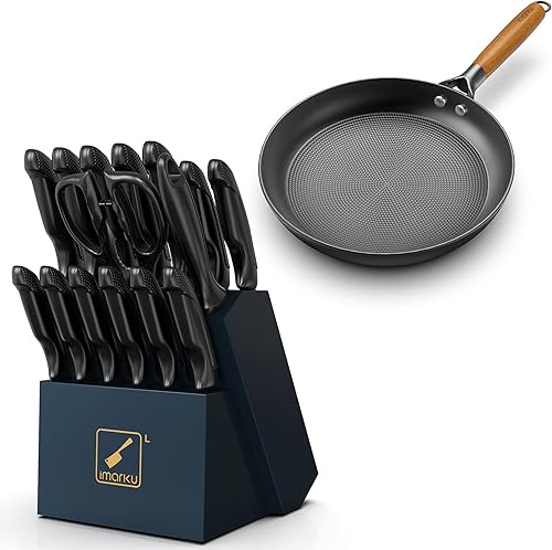 Miniatura 1 de imarku Juego de 16 cuchillos de cocina y sartenes antiadherentes de 10 pulgadas, juego de cuchillos afilados para cocina, sartén apta para
