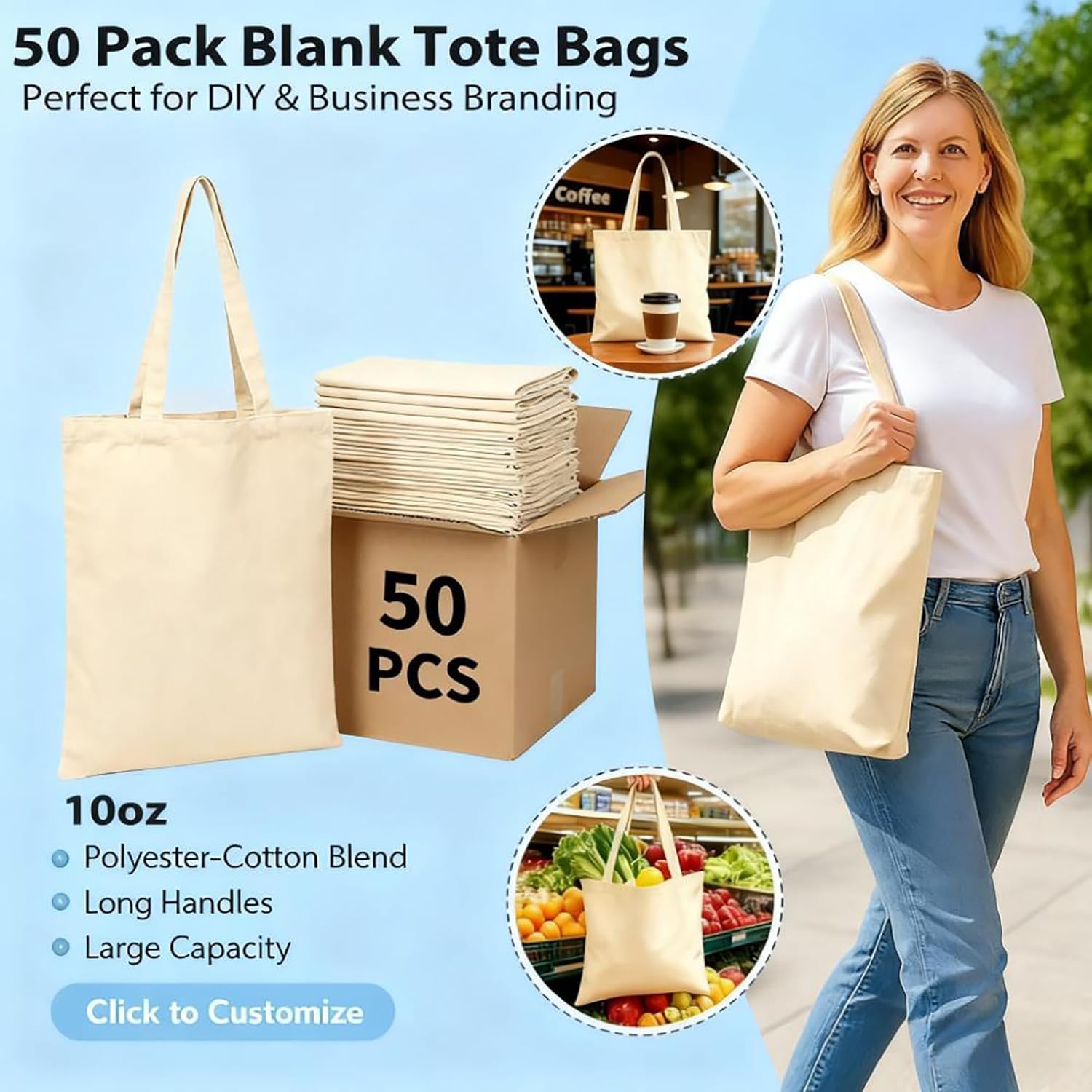 WeStar 50 Pack Canvas Tote Bags 15.7 x 13.8 Inch, 10oz Blank Natural Tote Bags for Sublimation, HTV, Screen Printing, Embroidery, Retail Packaging, Promotional Events