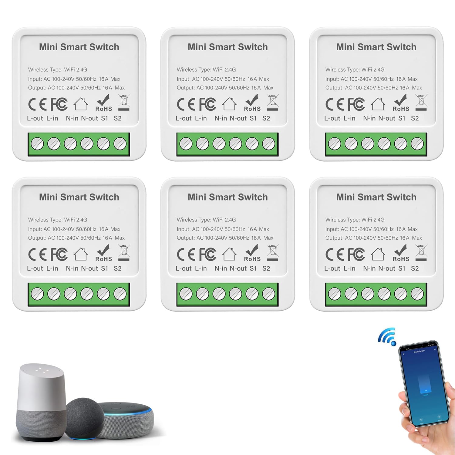 Redare Alexa wifi smart switch module,Mini Smart Relay Switch,16A Universal Breaker Timer Switch Works with Alexa/Google Home Assistant,Voice Control,Timer Function (Tuya 1 Gang, 6 pack)