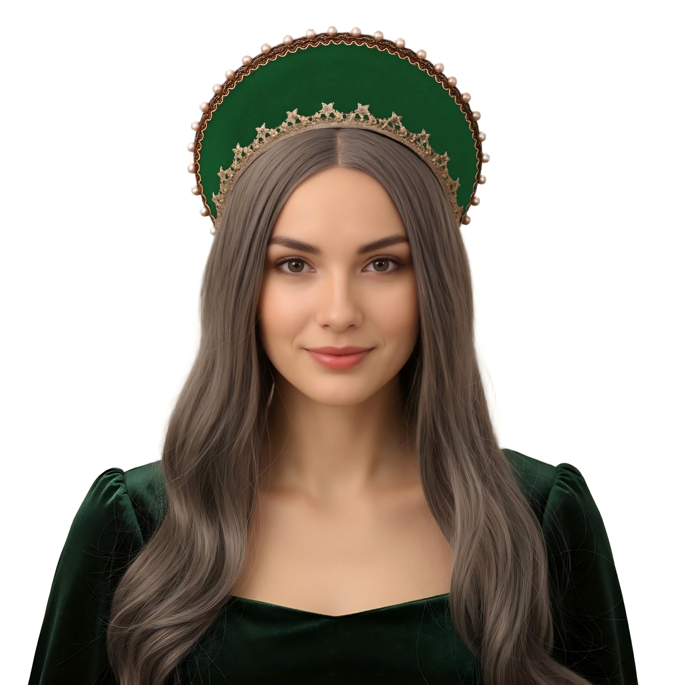 ANDHOM Anne Boleyn Tudor Elizabethan French Hood Headband, Black Velvet with Gold Star Trim and Pearl Embellishments, Royal Coronet Headpiece, Palace Retro Cosplay Hair Accessory (Green)