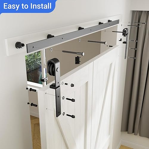 Miniatura 6 de CCJH Kit de herrajes para puerta corrediza de granero de 30 pulgadas para 2 puertas, se desliza suavemente silenciosamente, rodillo negro en forma