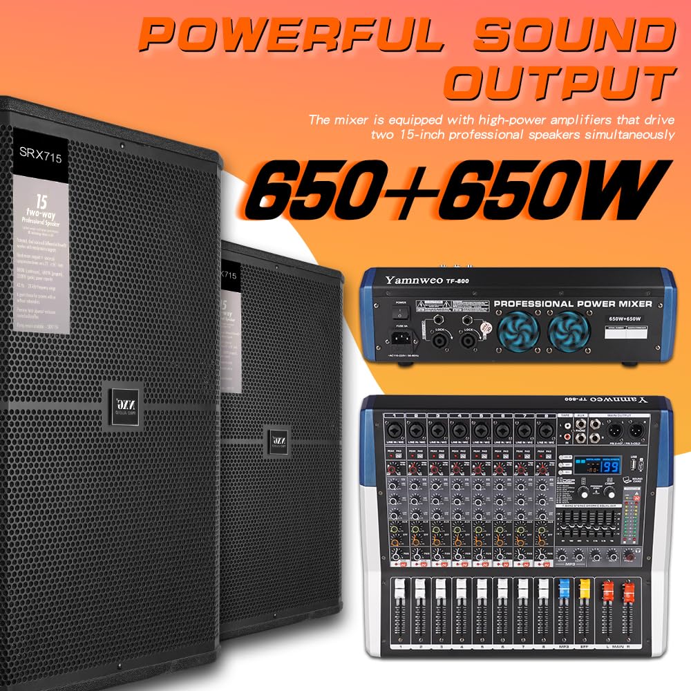 8-kanałowy mikser DJ ze wzmacniaczem – moc wyjściowa 650 W + 650 W, 99 efektów, nagrywanie / odtwarzanie USB, 7-pasmowy korektor, duży wyświetlacz widma, mikser audio, do występów na żywo/KTV