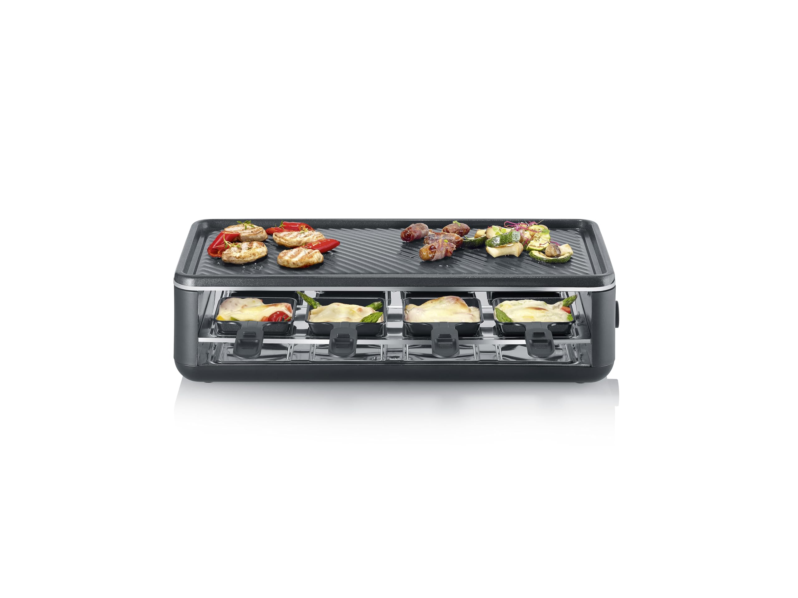 SEVERIN Raclette-Grill für 8 Personen, Raclette mit großer antihaftbeschichteter Grillplatte, extra tiefe Pfännchen, Spülmaschinengeeignet, Tischgrill, Black Line Lite, RG 2365