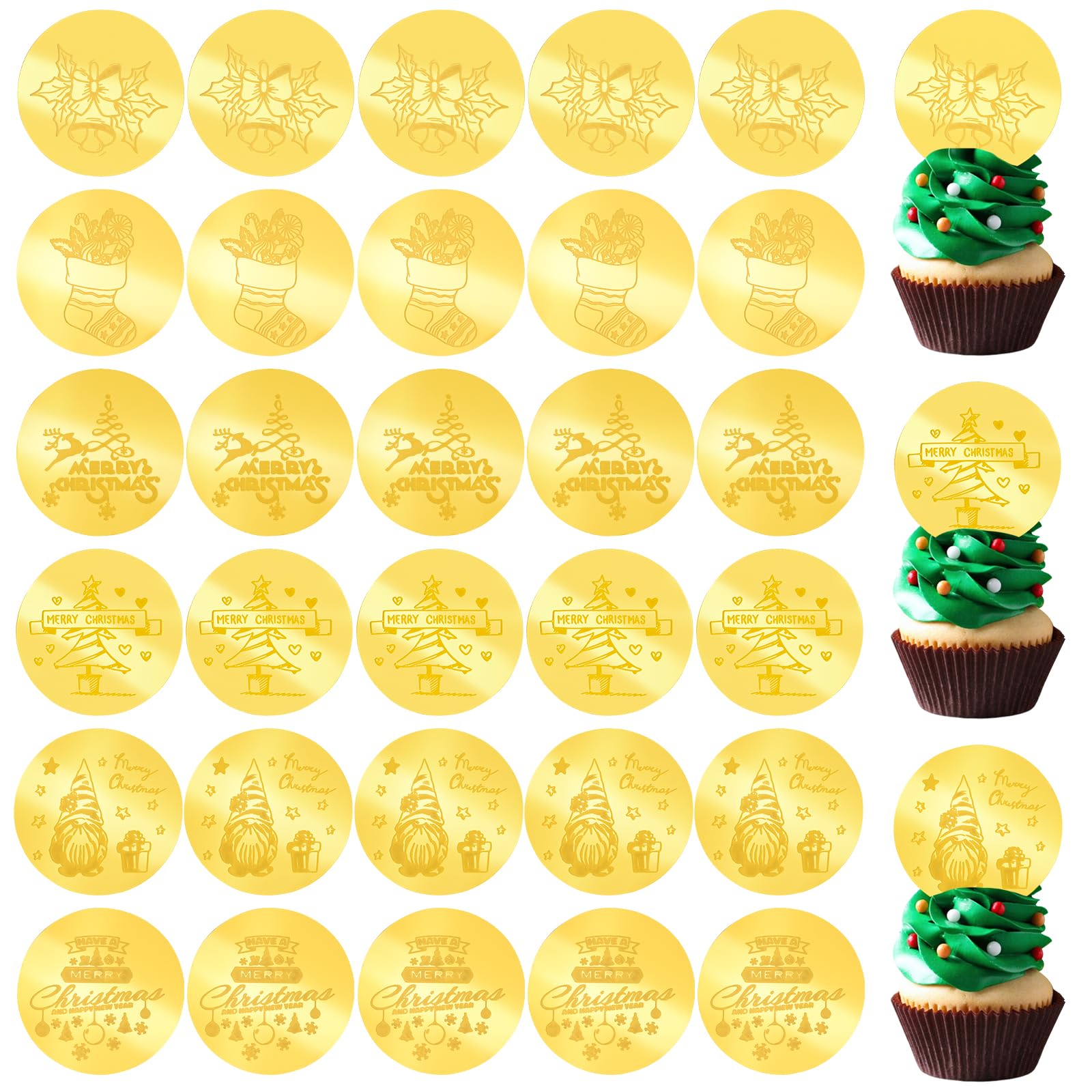 URROMA 30Pcs Merry Christmas Cupcake Toppers 6 Designs Golden Round Acrylic Cupcake Signs Christmas Themed Mirror Cake Discs for DIY Decor Supplies