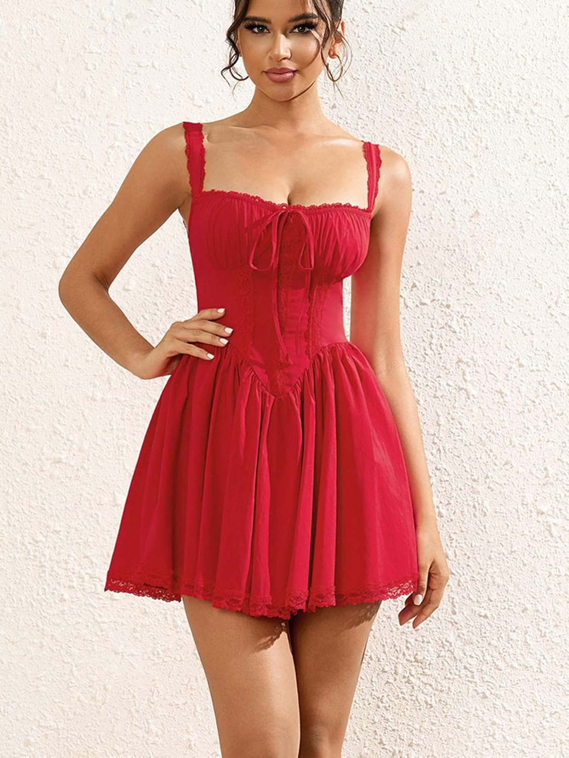 Womens Summer Floral Mini Dress Square Neck Tie Front Lace Spliced Ruched Backless Casual Party Graduation Short Dresses - Image 4